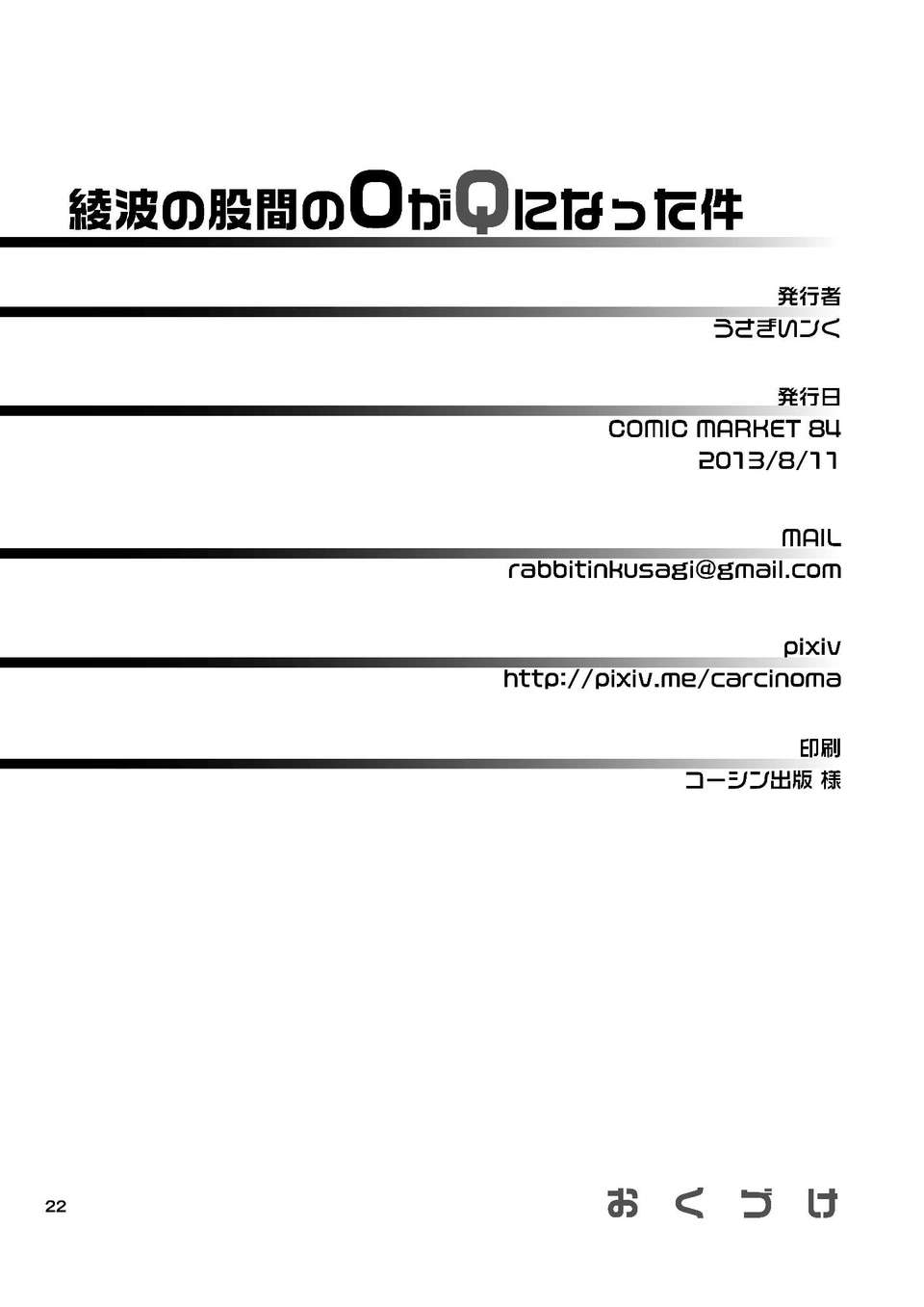 (C84) [膝立ちバニー] 綾波の股間のOがQになった件 End